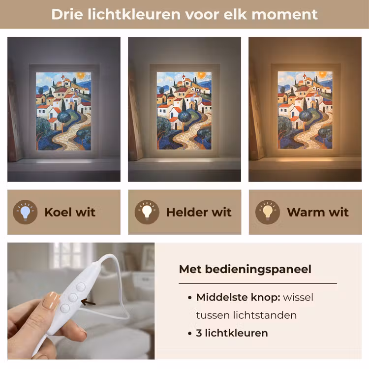 Dorp - Heuvelachtig - Zon - Mozaïek Light Box met kabel (Tafellamp) klein -USP_lichtkleurNL