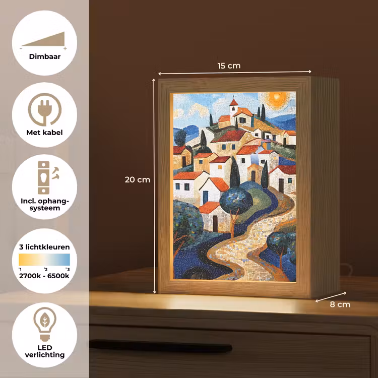 Dorp - Heuvelachtig - Zon - Mozaïek Light Box met kabel (Tafellamp) klein -USP_NL
