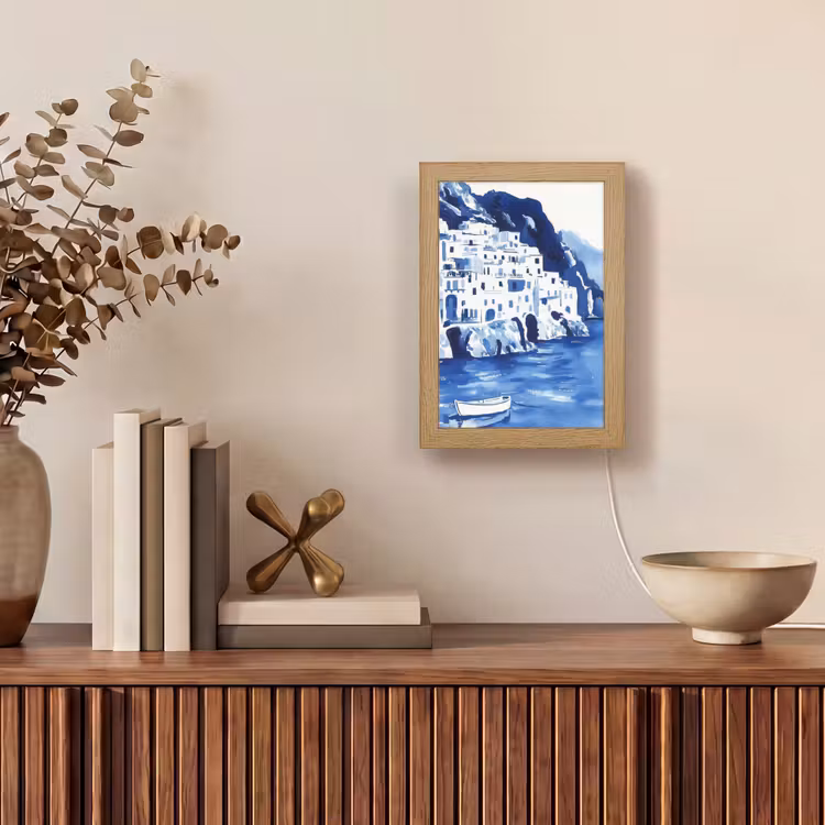 Dorp - Rotswand - Roeiboot - Water Light Box met kabel (Tafellamp) klein -sfeer2