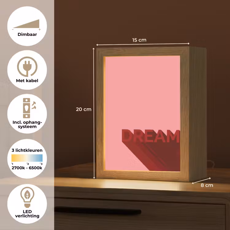 Dream - 3D - Rood - Roze Light Box met kabel (Tafellamp) klein -USP_NL