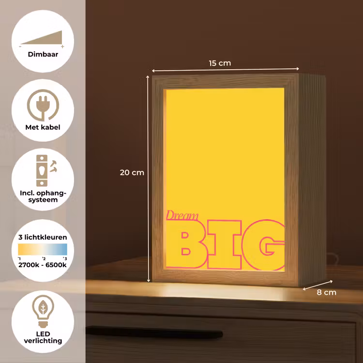 Dream big - Geel - Grafisch Light Box met kabel (Tafellamp) klein -USP_NL