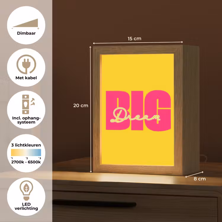 Dream big - Geel - Roze Light Box met kabel (Tafellamp) klein -USP_NL