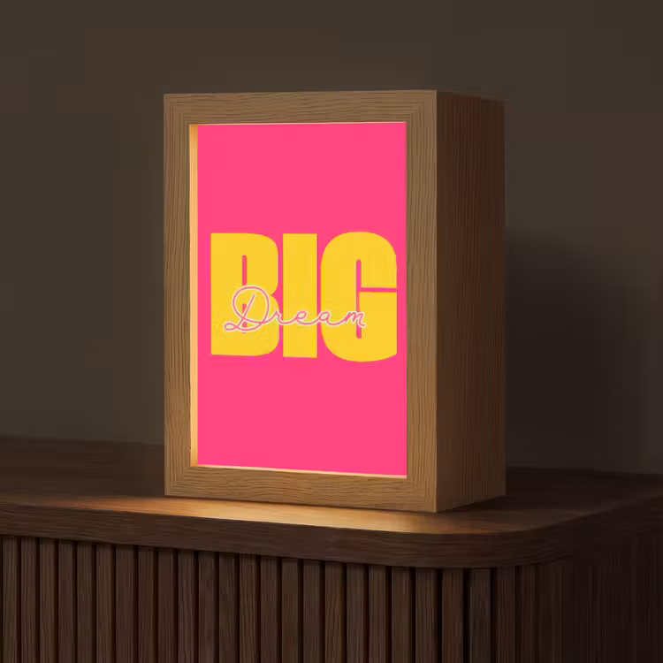 Dream big - Roze - Geel - Minimalistisch Light Box met kabel (Tafellamp) klein -z3d_website