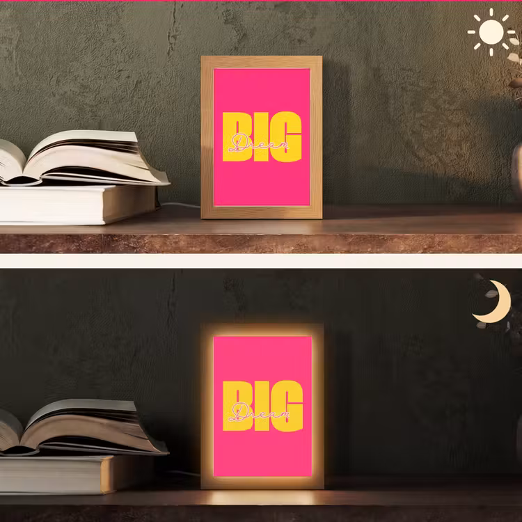 Dream big - Roze - Geel - Minimalistisch Light Box met kabel (Tafellamp) klein -sfeer3