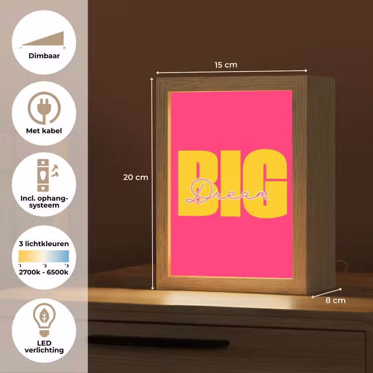 Dream big - Roze - Geel - Minimalistisch Light Box met kabel (Tafellamp) klein -USP_NL