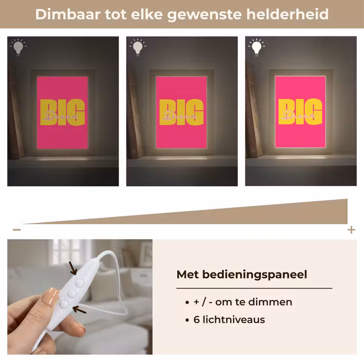 Dream big - Roze - Geel - Minimalistisch Light Box met kabel (Tafellamp) klein -USP_dimbaarNL
