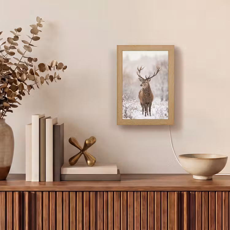Edelhert - Bos - Sneeuw - Winter - Majestueus Light Box met kabel (Tafellamp) klein -sfeer2