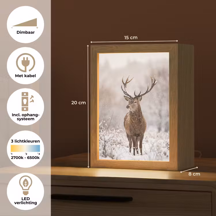 Edelhert - Bos - Sneeuw - Winter - Majestueus Light Box met kabel (Tafellamp) klein -USP_NL