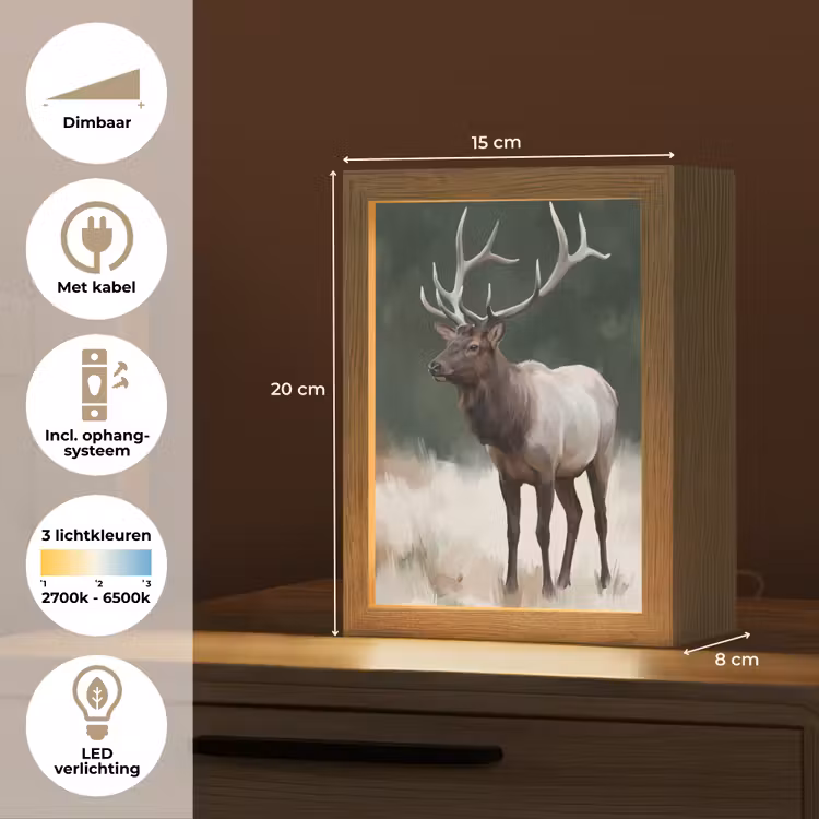 Edelhert - Gewei - Schildering - Rustiek Light Box met kabel (Tafellamp) klein -USP_NL