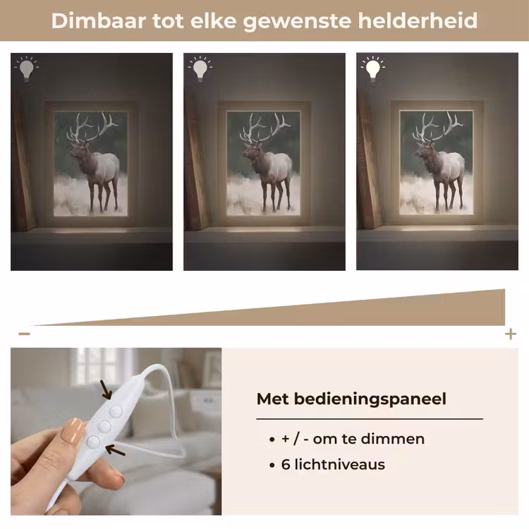 Edelhert - Gewei - Schildering - Rustiek Light Box met kabel (Tafellamp) klein -USP_dimbaarNL