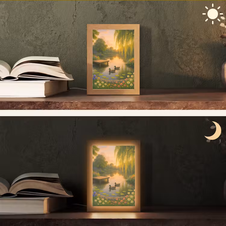 Eenden - Vijver - Bloemen Light Box met kabel (Tafellamp) klein -sfeer3