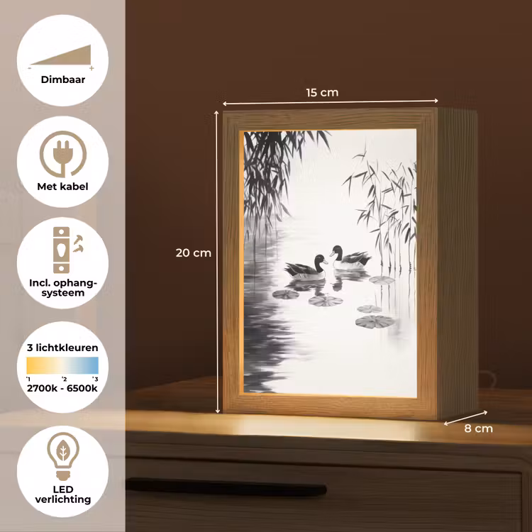 Eenden - Waterlelies - Riet - Zwart Light Box met kabel (Tafellamp) klein -USP_NL