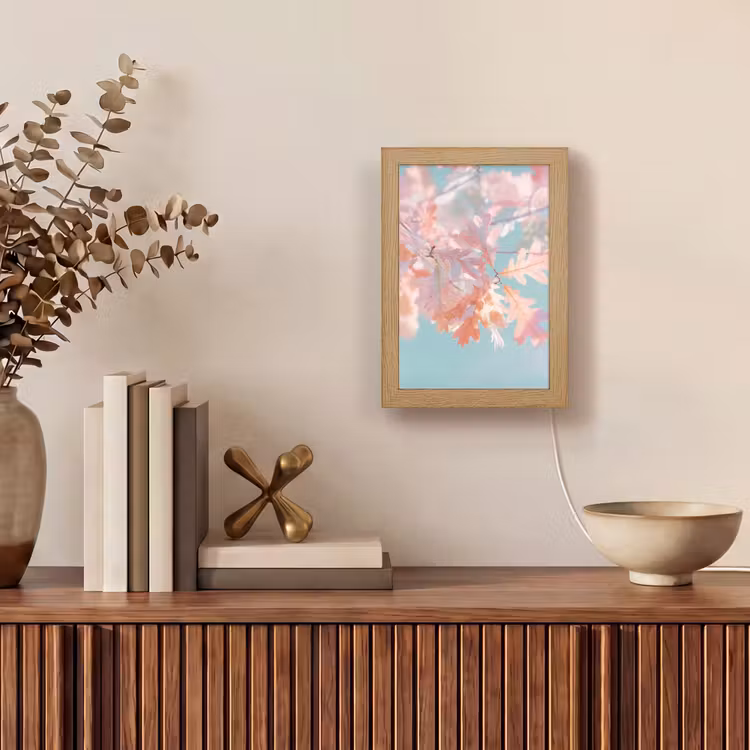 Eikenbladeren - Takken - Roze Light Box met kabel (Tafellamp) klein -sfeer2