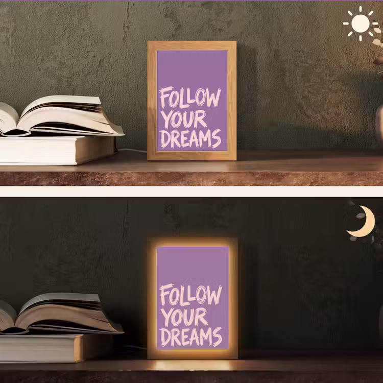 Follow your dreams - Paars - Penseeltextuur Light Box met kabel (Tafellamp) klein -sfeer3