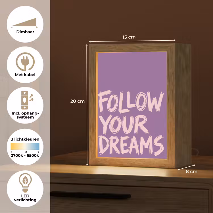 Follow your dreams - Paars - Penseeltextuur Light Box met kabel (Tafellamp) klein -USP_NL