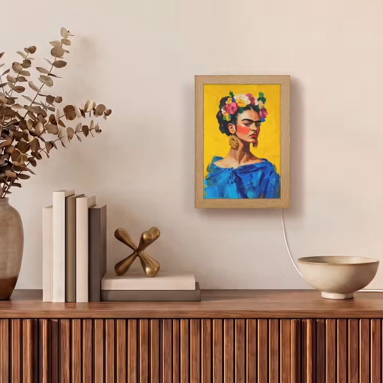 Frida Kahlo - Vrouw - Geel - Blauw - Bloemen Light Box met kabel (Tafellamp) klein -sfeer2