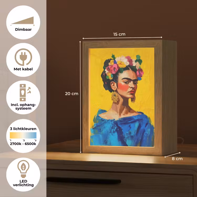 Frida Kahlo - Vrouw - Geel - Blauw - Bloemen Light Box met kabel (Tafellamp) klein -USP_NL