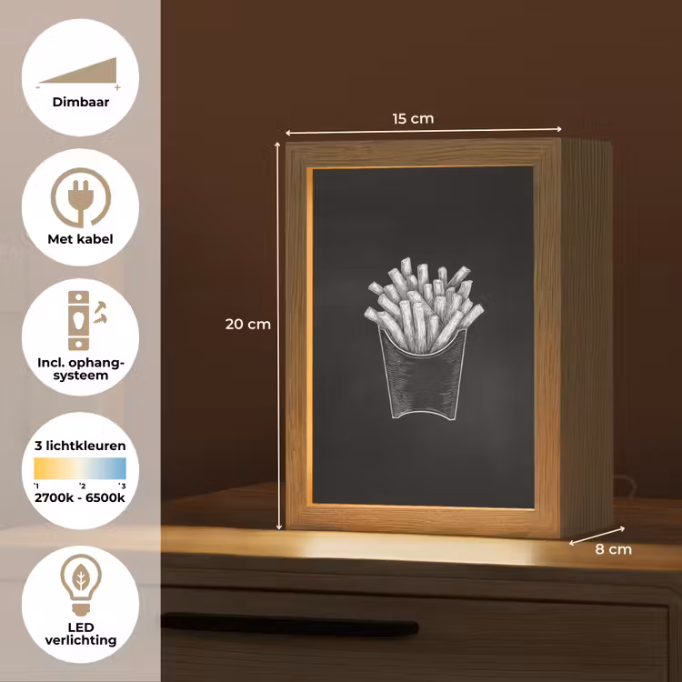 Friet - Witte krijttekening - Zwart Light Box met kabel (Tafellamp) klein -USP_NL