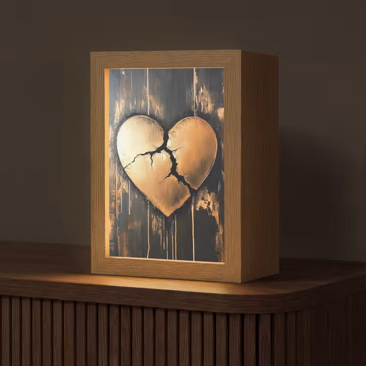 Gebroken hart - Goud - Houtlook - Liefde Light Box met kabel (Tafellamp) klein -z3d_website