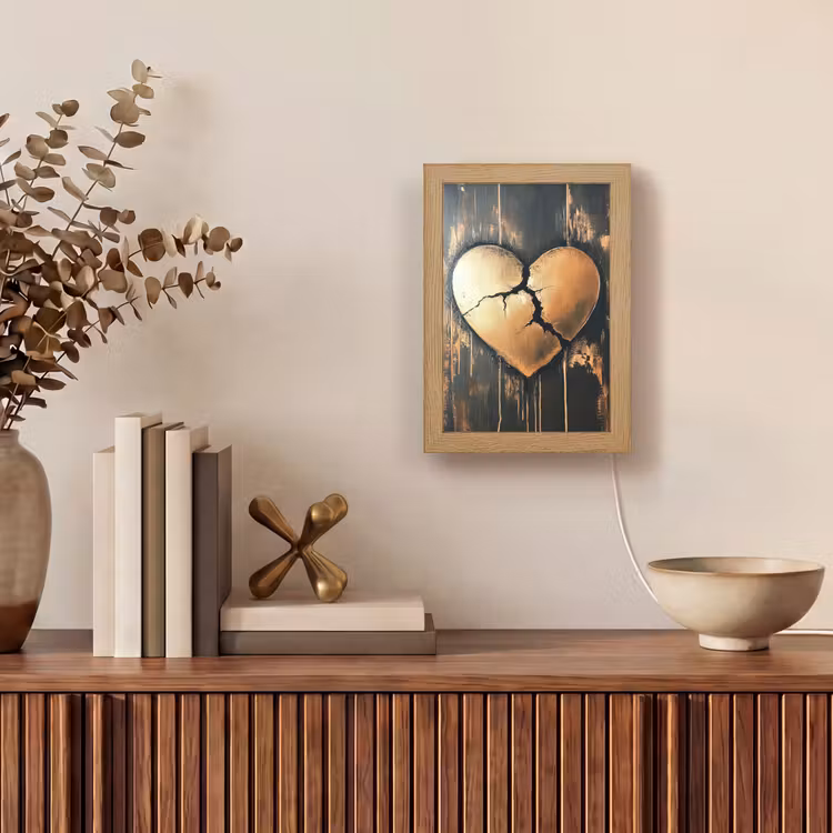 Gebroken hart - Goud - Houtlook - Liefde Light Box met kabel (Tafellamp) klein -sfeer2