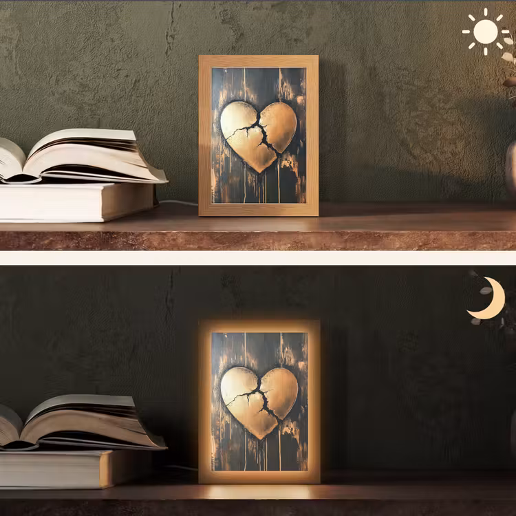 Gebroken hart - Goud - Houtlook - Liefde Light Box met kabel (Tafellamp) klein -sfeer3