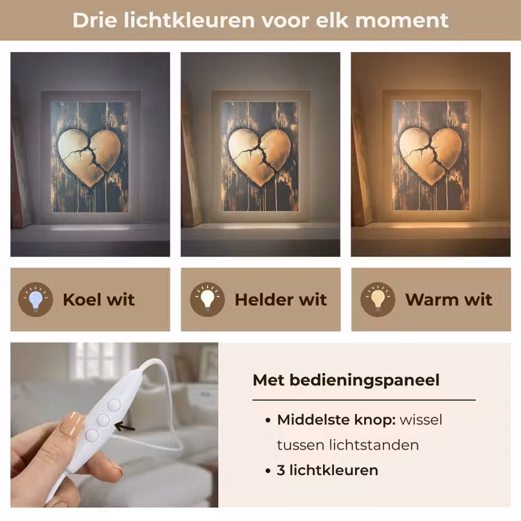 Gebroken hart - Goud - Houtlook - Liefde Light Box met kabel (Tafellamp) klein -USP_lichtkleurNL