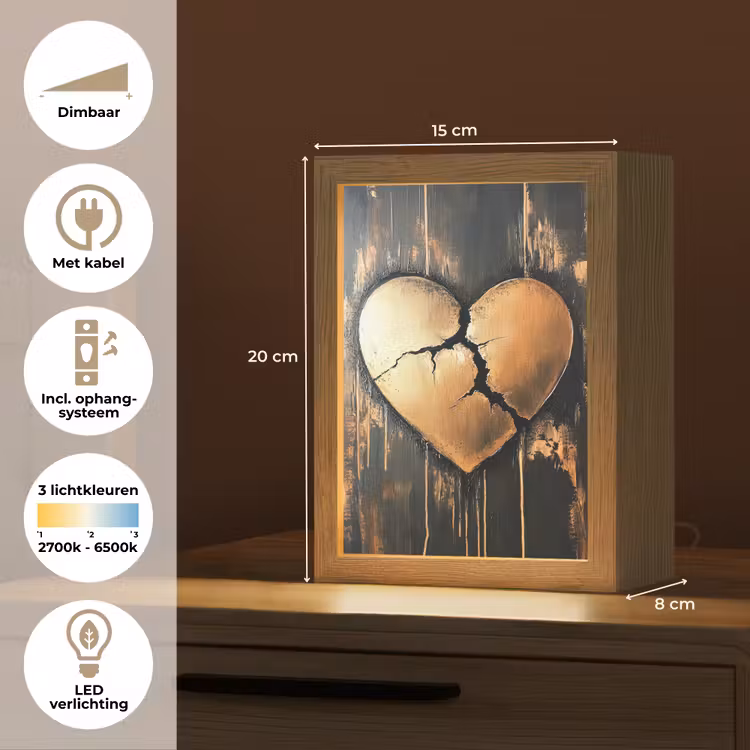 Gebroken hart - Goud - Houtlook - Liefde Light Box met kabel (Tafellamp) klein -USP_NL