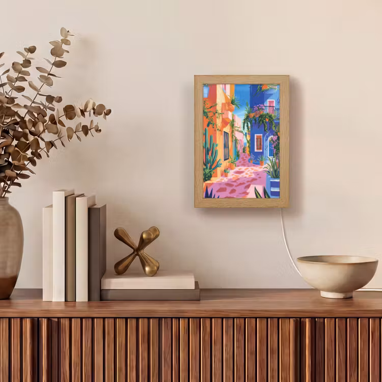 Geel - Blauw - Oranje - Huis Light Box met kabel (Tafellamp) klein -sfeer2