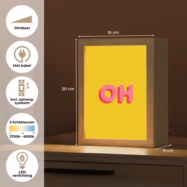 Geel - Roze - Oh - 3D Light Box met kabel (Tafellamp) klein -USP_NL