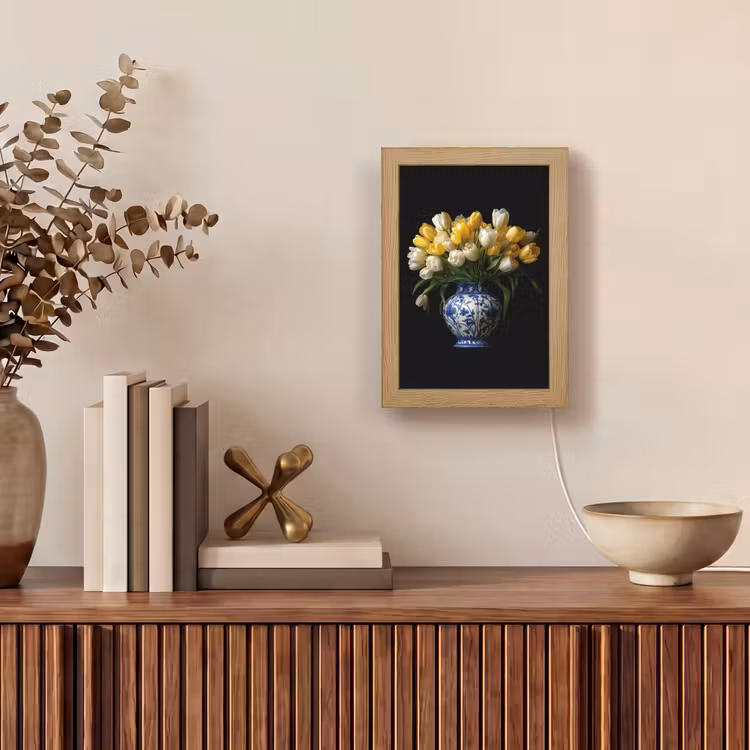 Geel - Tulpen - Vaas - Bloemen Light Box met kabel (Tafellamp) klein -sfeer2