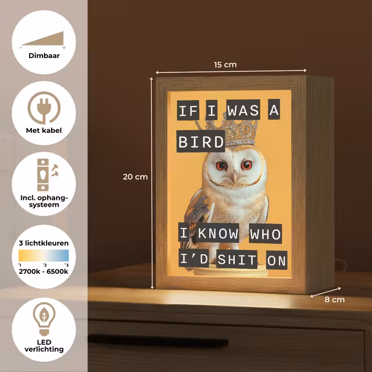 Geel - Uil - Vogel - Decoratie Light Box met kabel (Tafellamp) klein -USP_NL