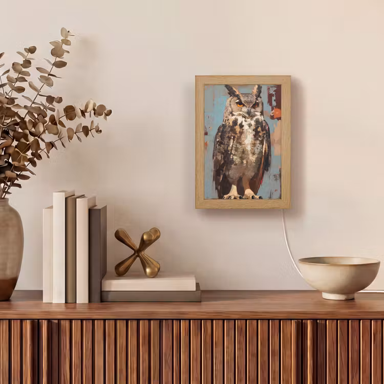 Geschilderd - Abstract - Uil - Bruin Light Box met kabel (Tafellamp) klein -sfeer2
