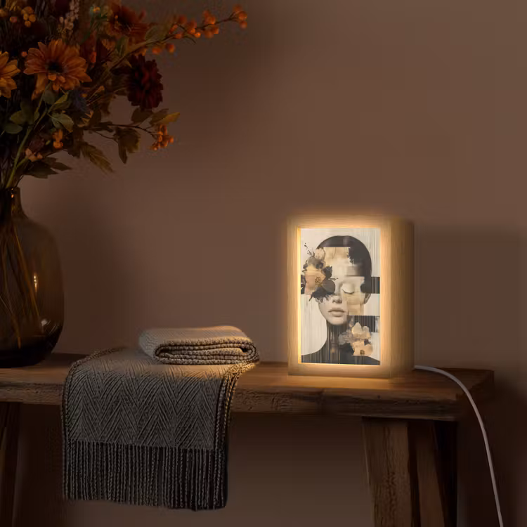 Gezicht - Bloemen - Zwart - Vrouw Light Box met kabel (Tafellamp) klein -sfeer4