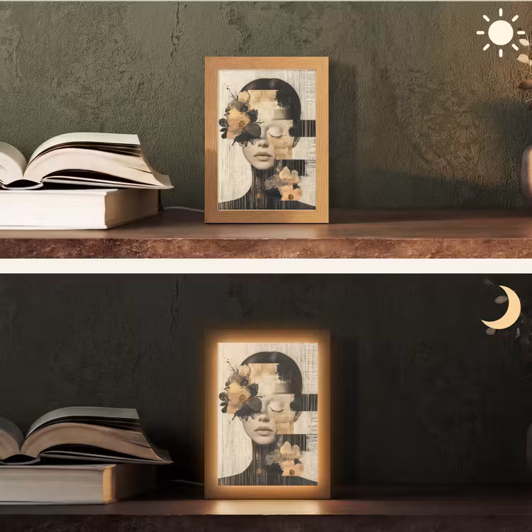 Gezicht - Bloemen - Zwart - Vrouw Light Box met kabel (Tafellamp) klein -sfeer3