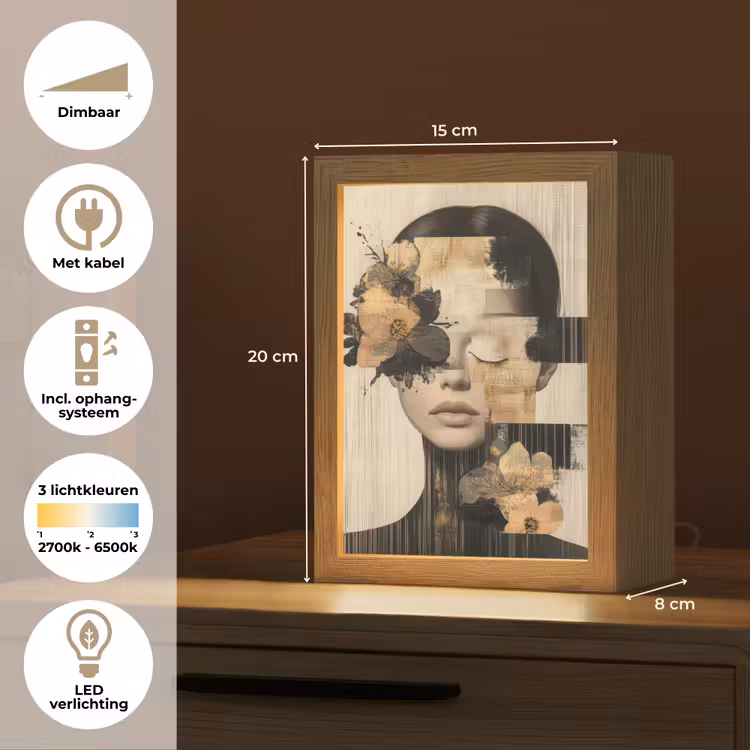 Gezicht - Bloemen - Zwart - Vrouw Light Box met kabel (Tafellamp) klein -USP_NL