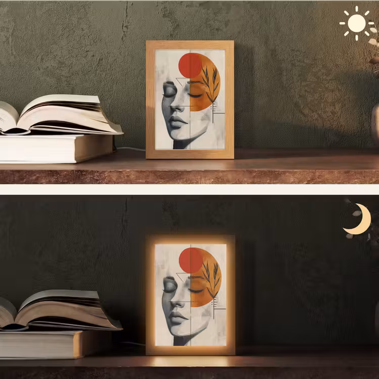 Gezicht - Cirkels - Kunst - Modern Light Box met kabel (Tafellamp) klein -sfeer3