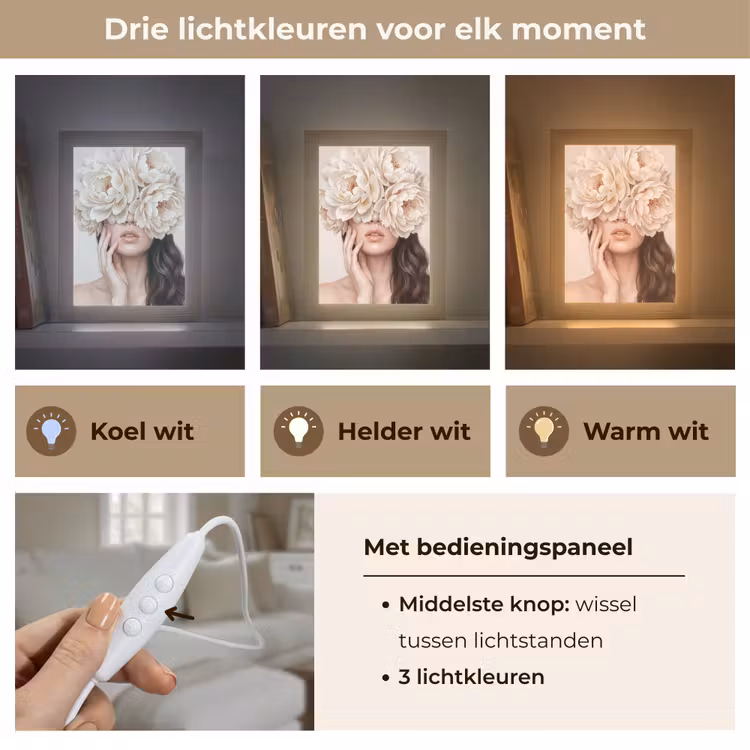 Gezicht - Pioenrozen - Crème Light Box met kabel (Tafellamp) klein -USP_lichtkleurNL