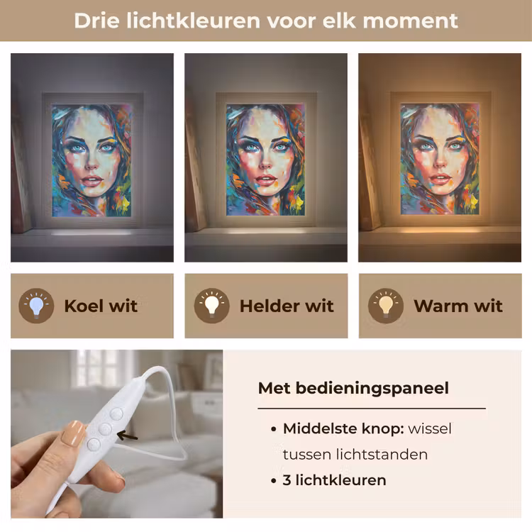 Gezicht - Vrouw - Olieverf - Kleurrijk - Kunst Light Box met kabel (Tafellamp) klein -USP_lichtkleurNL