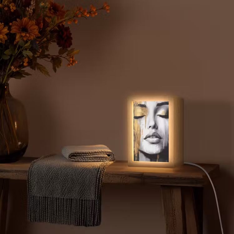 Gezicht - Vrouw - Penseelstreken - Abstract Light Box met kabel (Tafellamp) klein -sfeer4