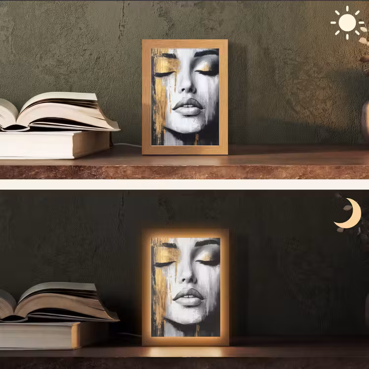 Gezicht - Vrouw - Penseelstreken - Abstract Light Box met kabel (Tafellamp) klein -sfeer3