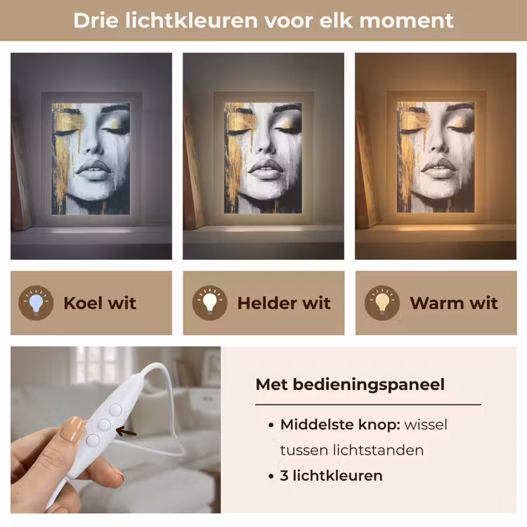 Gezicht - Vrouw - Penseelstreken - Abstract Light Box met kabel (Tafellamp) klein -USP_lichtkleurNL