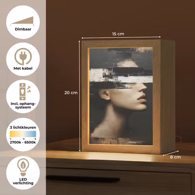 Gezicht - Vrouw - Zwart - Abstract Light Box met kabel (Tafellamp) klein -USP_NL