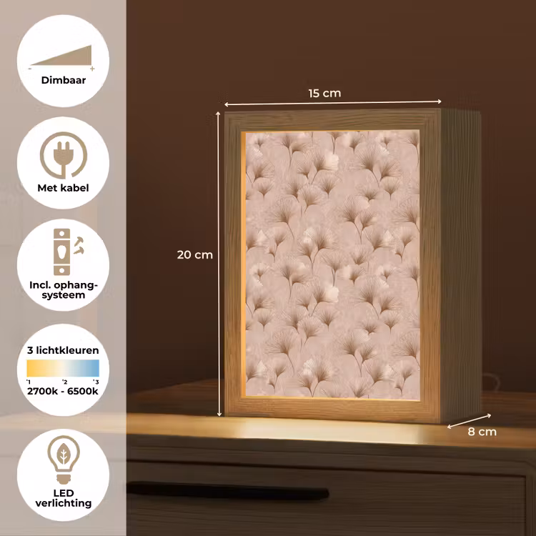 Ginkgo - Patroon - Roze Light Box met kabel (Tafellamp) klein 925 -USP_NL