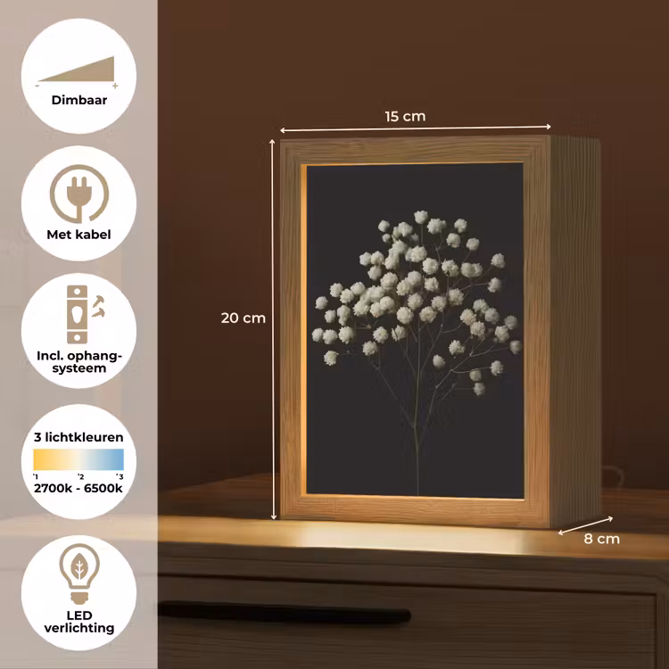 Gipskruid - Bloemetjes - Wit - Minimalistisch Light Box met kabel (Tafellamp) klein -USP_NL