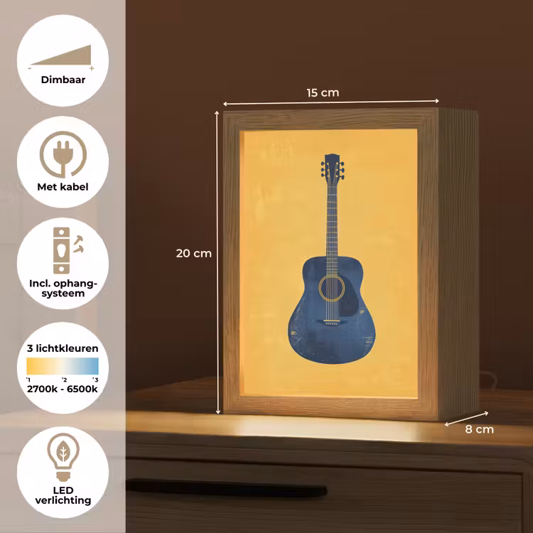 Gitaar - Akoestisch - Geel - Minimalistisch Light Box met kabel (Tafellamp) klein -USP_NL