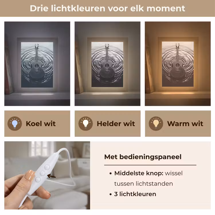 Gitaar - Hout - Water Light Box met kabel (Tafellamp) klein -USP_lichtkleurNL