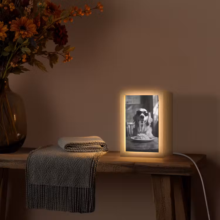 Golden Retriever - Hond - Vrolijk - Bord spaghetti - Zwart - wit Light Box met kabel (Tafellamp) klein -sfeer4