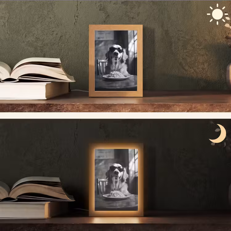 Golden Retriever - Hond - Vrolijk - Bord spaghetti - Zwart - wit Light Box met kabel (Tafellamp) klein -sfeer3