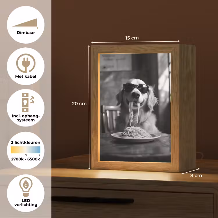 Golden Retriever - Hond - Vrolijk - Bord spaghetti - Zwart - wit Light Box met kabel (Tafellamp) klein -USP_NL