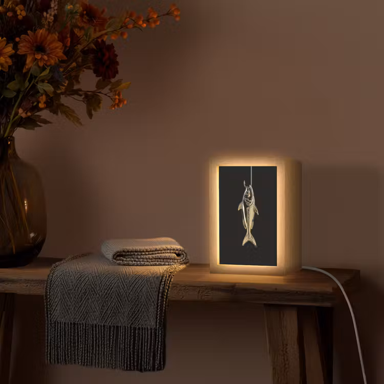 Goud - Vis - Haak - Zwart Light Box met kabel (Tafellamp) klein -sfeer4